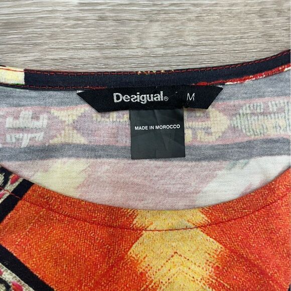 Desigual Womens Tunic Top Red Black Aztec 3/4 Sleeve Scoop Neck Blouse M - Picture 3 of 5